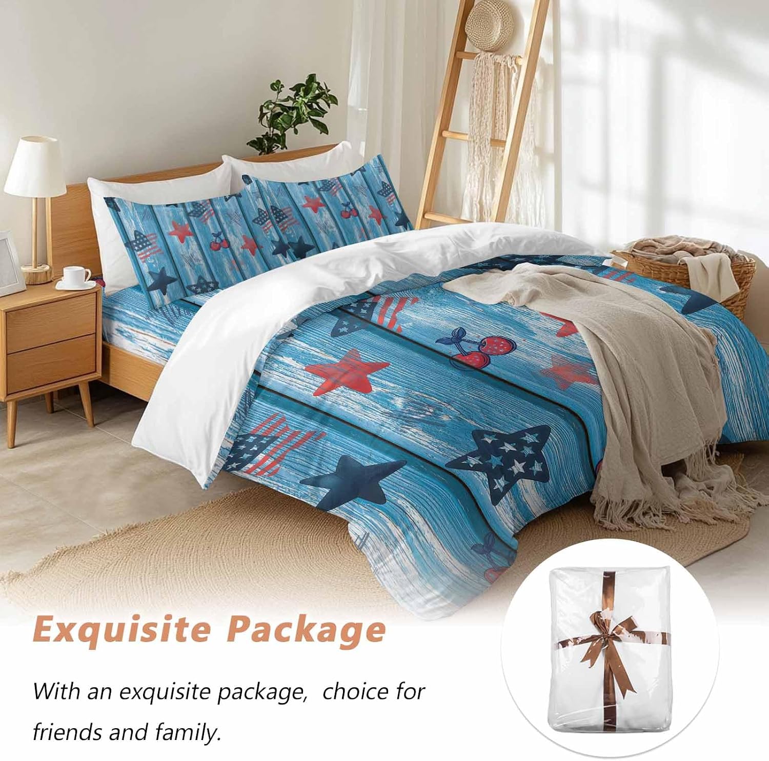 Independence Day Duvet Cover Set Queen Size 4 Pieces Graffiti Five-Pointed Star Blue Wood Grain Bedding Set with Zipper Closure, 1 Comforter Cover 90x92 Inches 1 Flat Sheet & 2 Pillow Cases