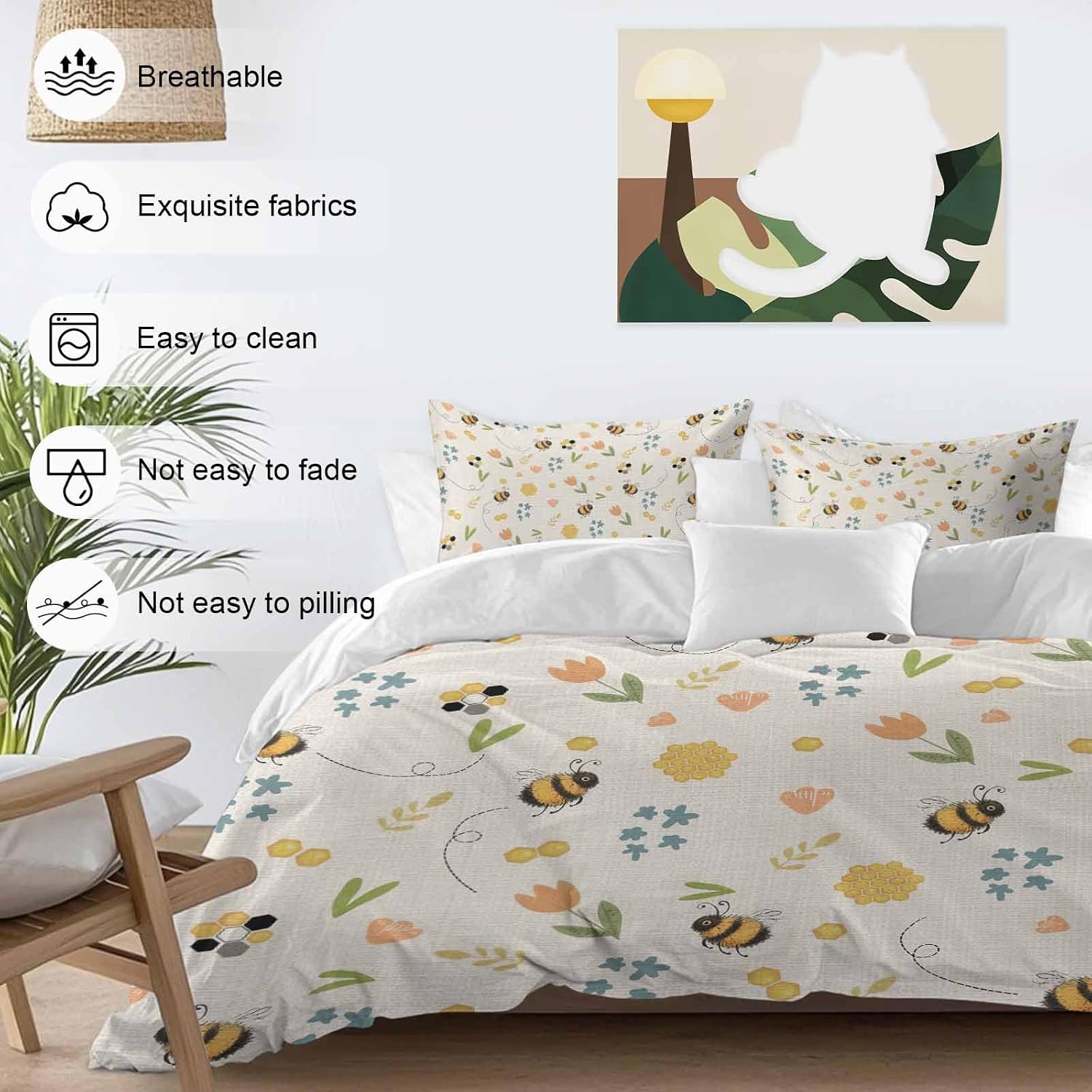 Spring Duvet Cover Set Queen Size 4 Pieces Cartoon Flower Farm Plants Watercolor Bee Yellow Honey Retro Bedding Set with Zipper Closure, 1 Comforter Cover 90x92 Inches 1 Flat Sheet & 2 Pillow Cases