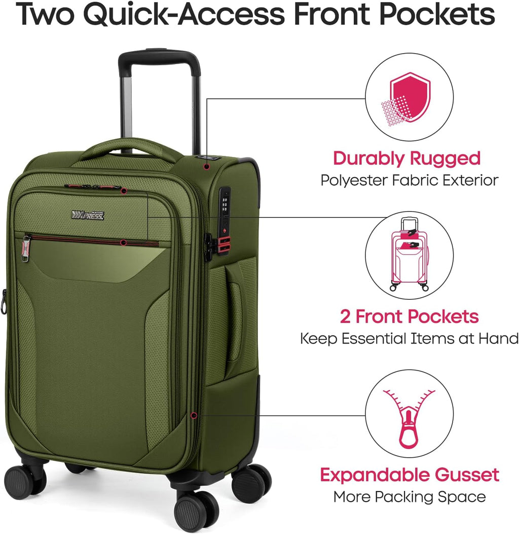 2PCS Set（22in/28in）Softside Luggage Sets w/TSA LOCK,Expandable 20% Luggage w/Spinner Wheels,Upright Spinner Softshell,Lightweight Durable Rolling Travel Luggage Set for Men/Women（Green,22in/28in）