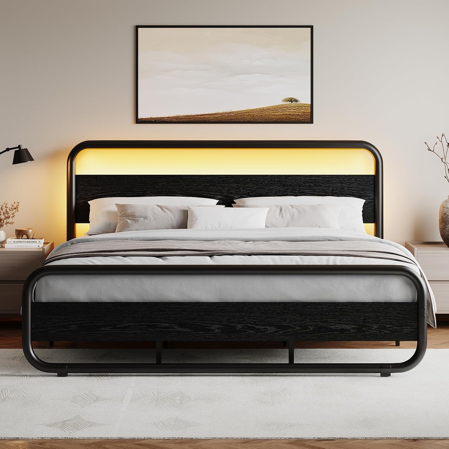 Catrimown King Size Bed Frame, Heavy Duty Metal Rustic King Platform Bed Frame with Wood Headboard, Under Bed Storage, Noise Free, No Box Spring Needed, Black
