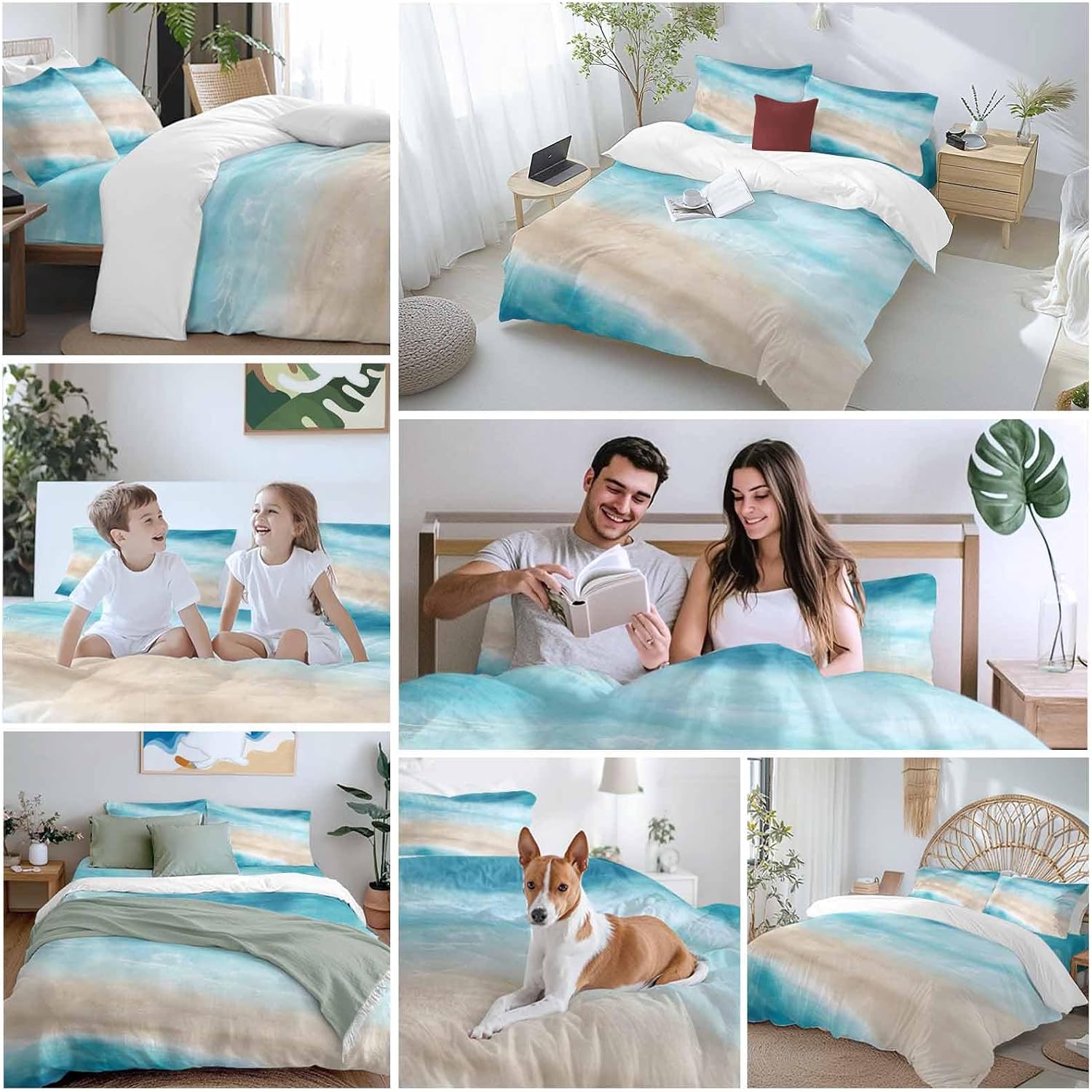 Summer Beach Duvet Cover Set Queen Size 4 Pieces Blue Gradient Ocean Wave Beige Sand Abstract Bedding Set with Zipper Closure, 1 Comforter Cover 90x92 Inches 1 Flat Sheet & 2 Pillow Cases