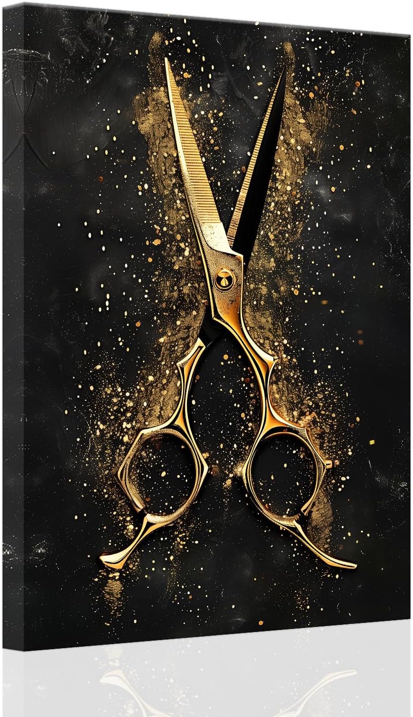 SWQYLB Hair Salon Wall Art Barber Pictures Canvas Black and Gold Wall Decor Haircut Tools Painting Trendy Barbershop Wall Decor Framed Hairdresser Gifts (28.00' x 42.00')