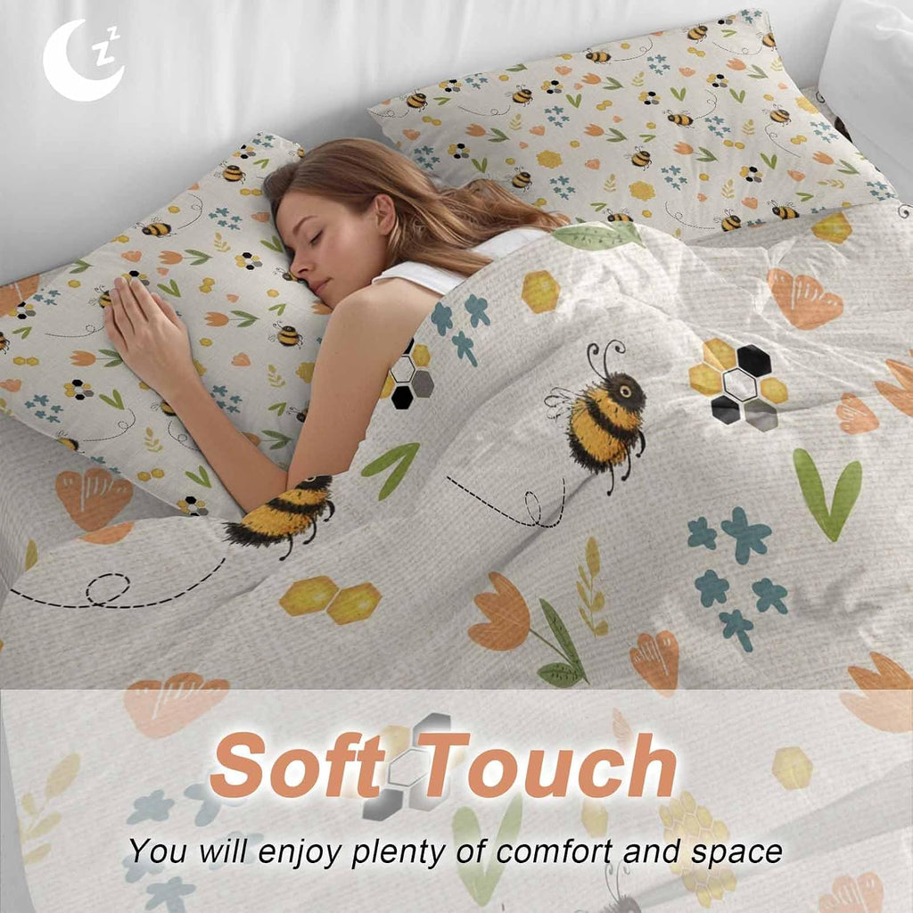 Spring Duvet Cover Set Queen Size 4 Pieces Cartoon Flower Farm Plants Watercolor Bee Yellow Honey Retro Bedding Set with Zipper Closure, 1 Comforter Cover 90x92 Inches 1 Flat Sheet & 2 Pillow Cases