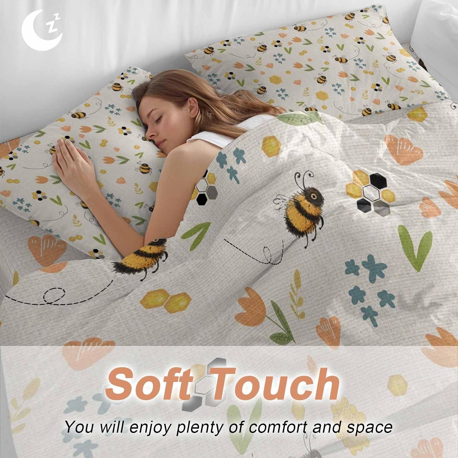 Spring Duvet Cover Set Queen Size 4 Pieces Cartoon Flower Farm Plants Watercolor Bee Yellow Honey Retro Bedding Set with Zipper Closure, 1 Comforter Cover 90x92 Inches 1 Flat Sheet & 2 Pillow Cases