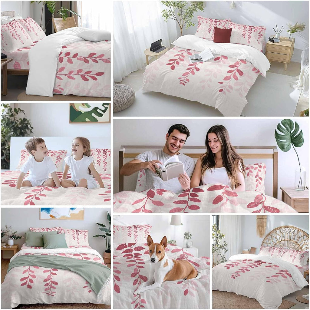 Prime Leader Plants Gradient Duvet Cover Set Queen Size 4 Pieces Pink Leaves Farmhouse Style Bedding Set with Zipper Closure, 1 Comforter Cover 92x106 Inches 1 Flat Sheet & 2 Pillow Cases