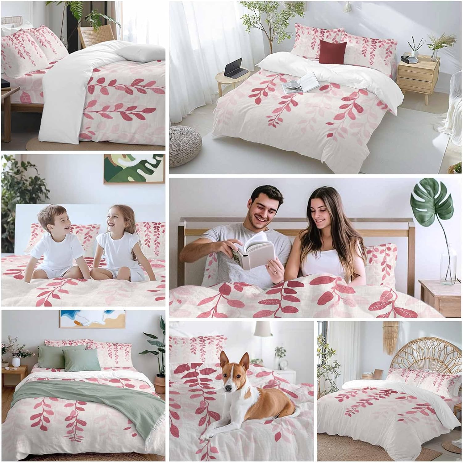 Prime Leader Plants Gradient Duvet Cover Set Queen Size 4 Pieces Pink Leaves Farmhouse Style Bedding Set with Zipper Closure, 1 Comforter Cover 92x106 Inches 1 Flat Sheet & 2 Pillow Cases