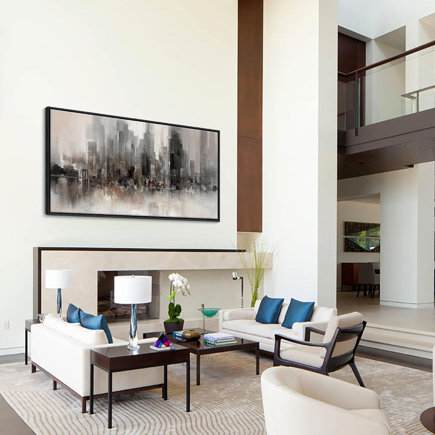 Nyc Skyline Painting Wall Art Grey Buildings Picture for Living Room Modern Home Bedroom Decoration Black and White and Brown Framed Artwork Decor