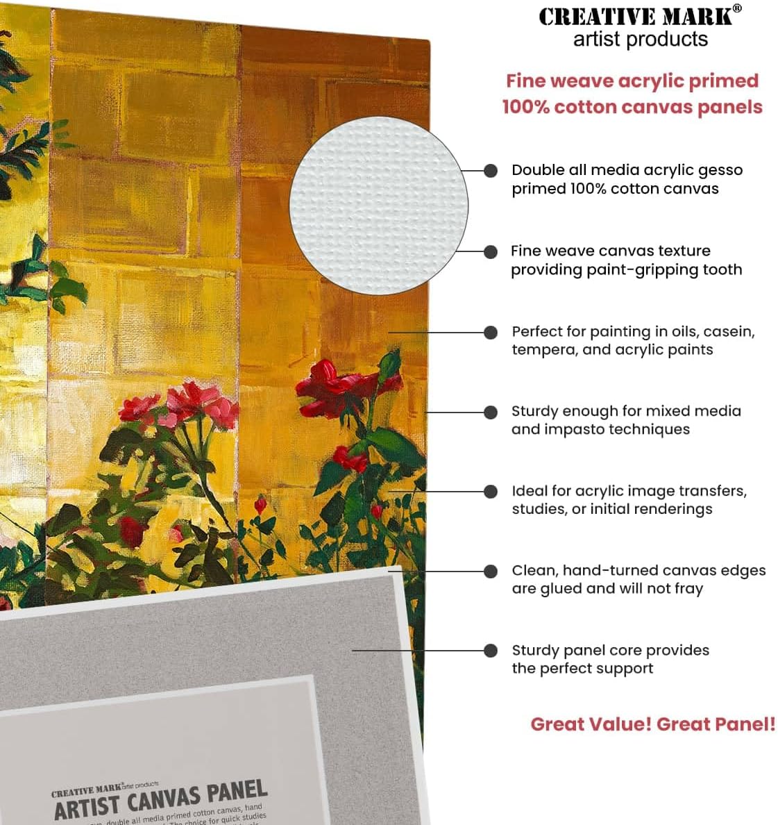 Creative Mark Cotton Canvas Panels 18x24' - 12 Pack - Professional Quality Fine Weave Acrylic Primed Artist Canvas Boards for Painting, Acrylics, Studios, & More