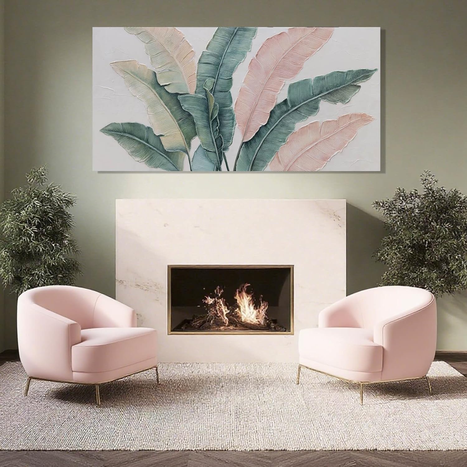SHEYOYE Large Wall Art, Green Plant Canvas Painting, Pink Modern, Wall Hanging, Cuadros Para Comedor Elegantes y Modernos, For Office, Bedroom, Office | 29' x 58'