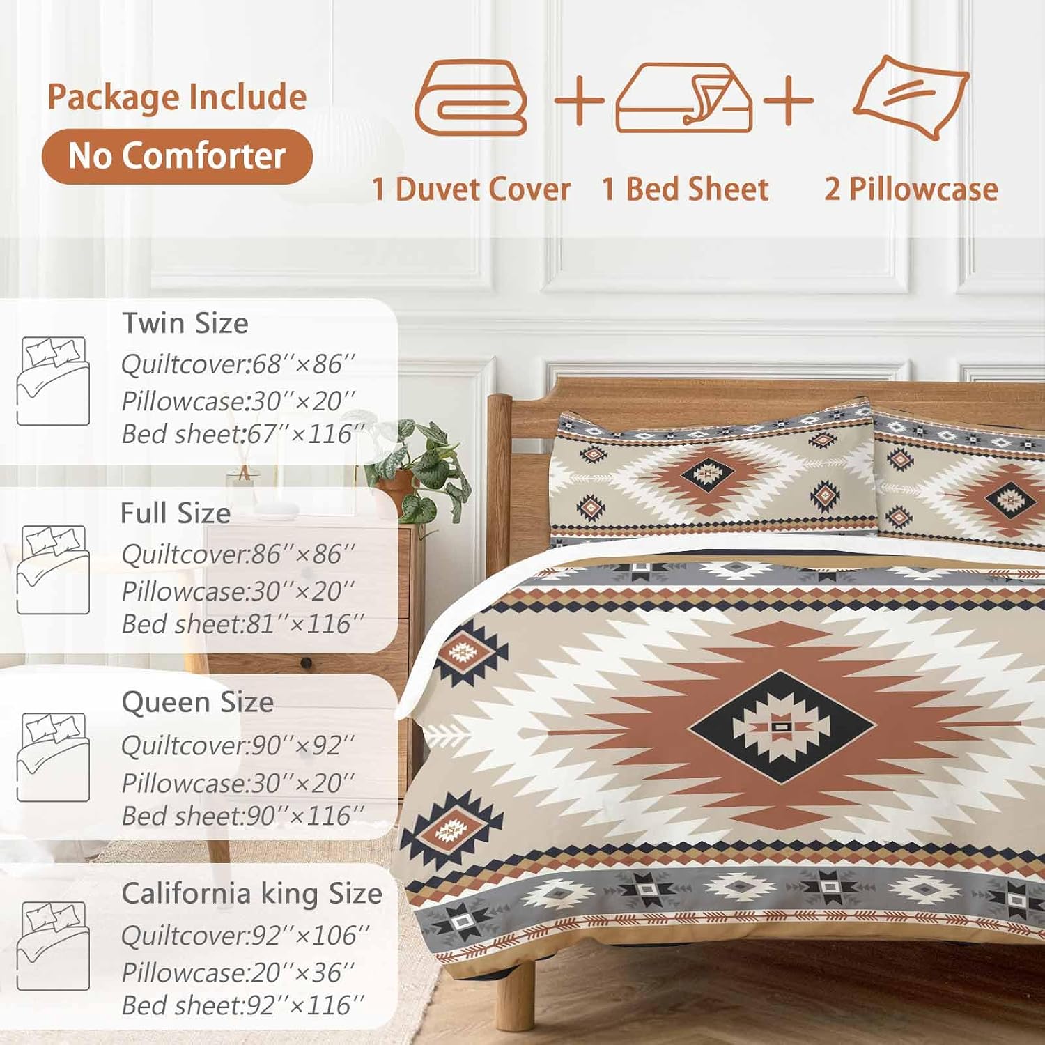Aztec Southwestern Duvet Cover Set Queen Size 4 Pieces Ethnic Tribal Style Geometric Orange Khaki Bedding Set with Zipper Closure, 1 Comforter Cover 90x92 Inches 1 Flat Sheet & 2 Pillow Cases
