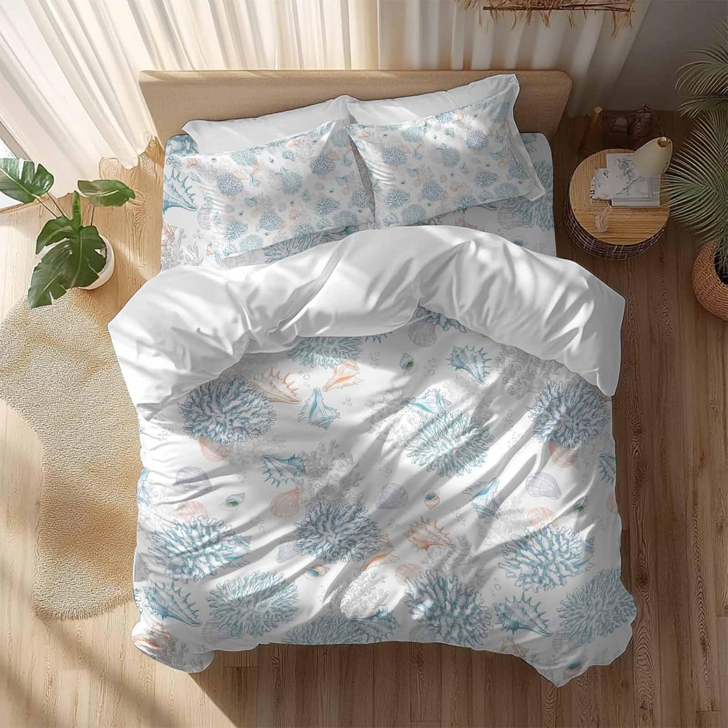 Summer Marine Life Duvet Cover Set Queen Size 4 Pieces Ocean Blue Coral Shells Coastal Conch Bedding Set with Zipper Closure, 1 Comforter Cover 92x106 Inches 1 Flat Sheet & 2 Pillow Cases