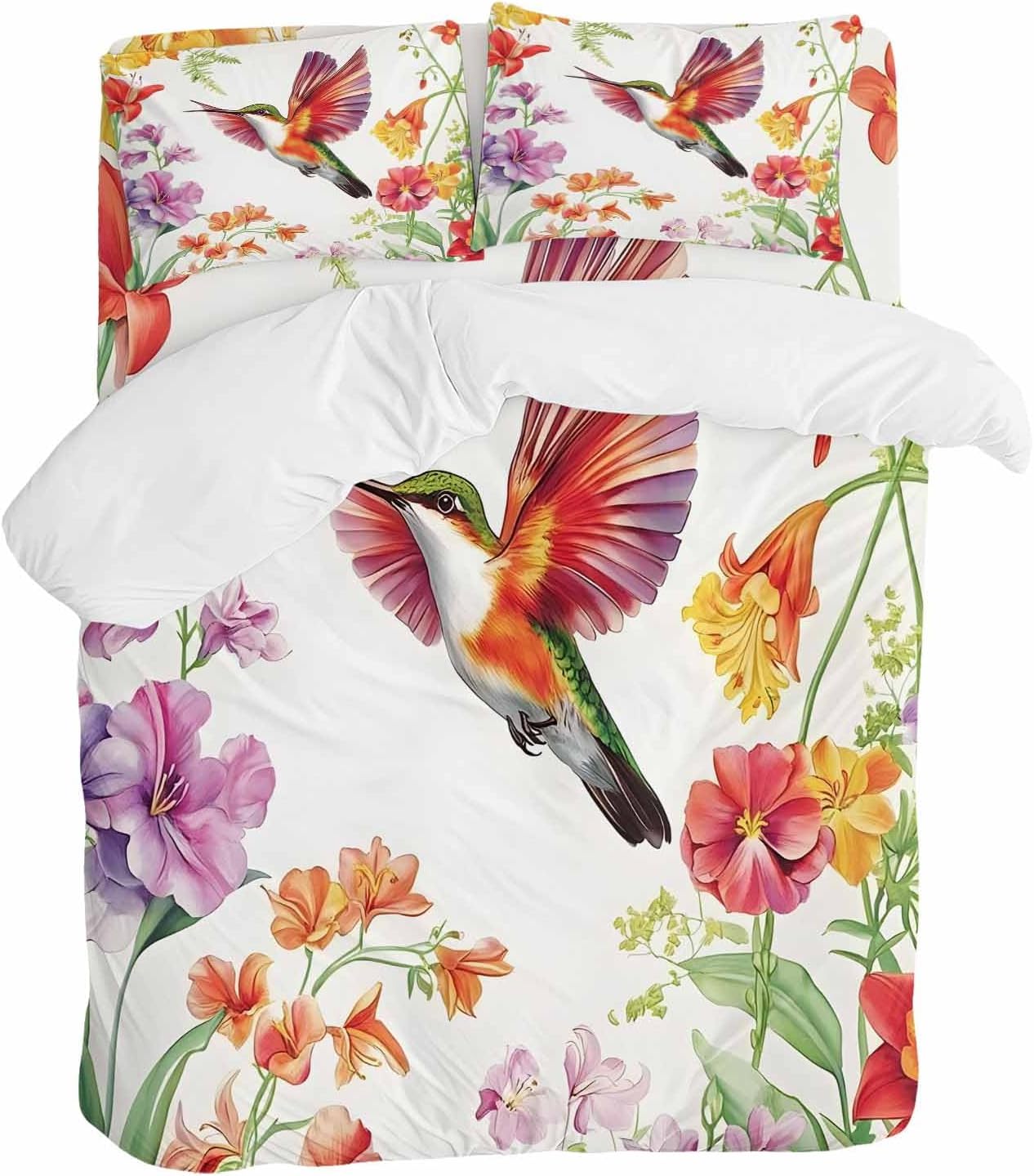 Prime Leader Retro Duvet Cover Set Queen Size 4 Pieces Hummingbird Wildflowers Pastoral Spring Scenery Bedding Set with Zipper Closure, 1 Comforter Cover 90x92 Inches 1 Flat Sheet & 2 Pillow Cases