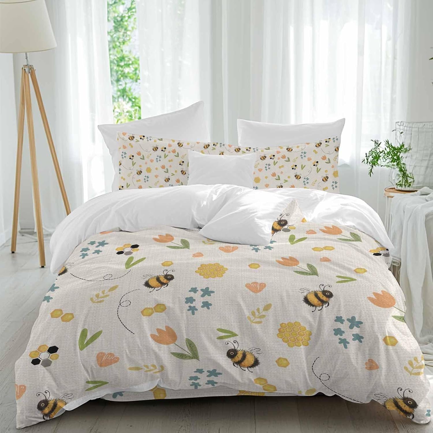 Spring Duvet Cover Set Queen Size 4 Pieces Cartoon Flower Farm Plants Watercolor Bee Yellow Honey Retro Bedding Set with Zipper Closure, 1 Comforter Cover 90x92 Inches 1 Flat Sheet & 2 Pillow Cases