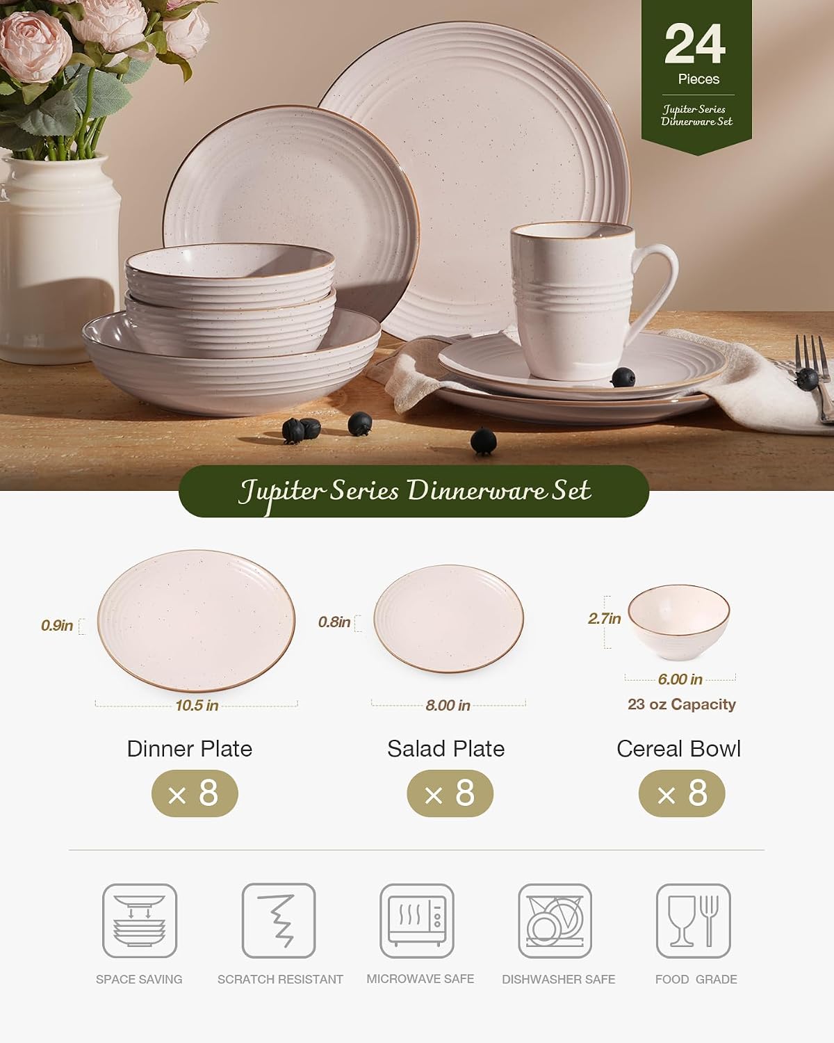 Famiware Jupiter 24-Piece Stoneware Dinnerware Set, Handcrafted Plates and Bowls with Speckles & Embossed Swirls, Chip/Scratch Resistant, Microwave/Dishwasher Safe, Rustic Dishes, Service for 8, Pink