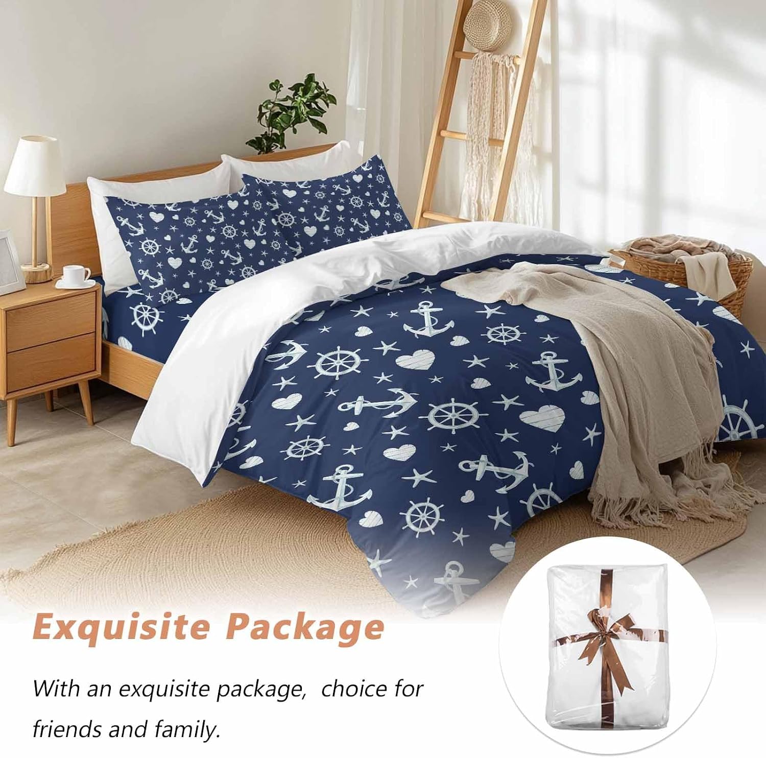 Summer Ocean Anchor Duvet Cover Set Queen Size 4 Pieces Nautical Coastal Sea Navy Blue Compass Love Heart Star Bedding Set with Zipper Closure,1 Comforter Cover 92x106 Inch 1 Flat Sheet&2 Pillow Cases