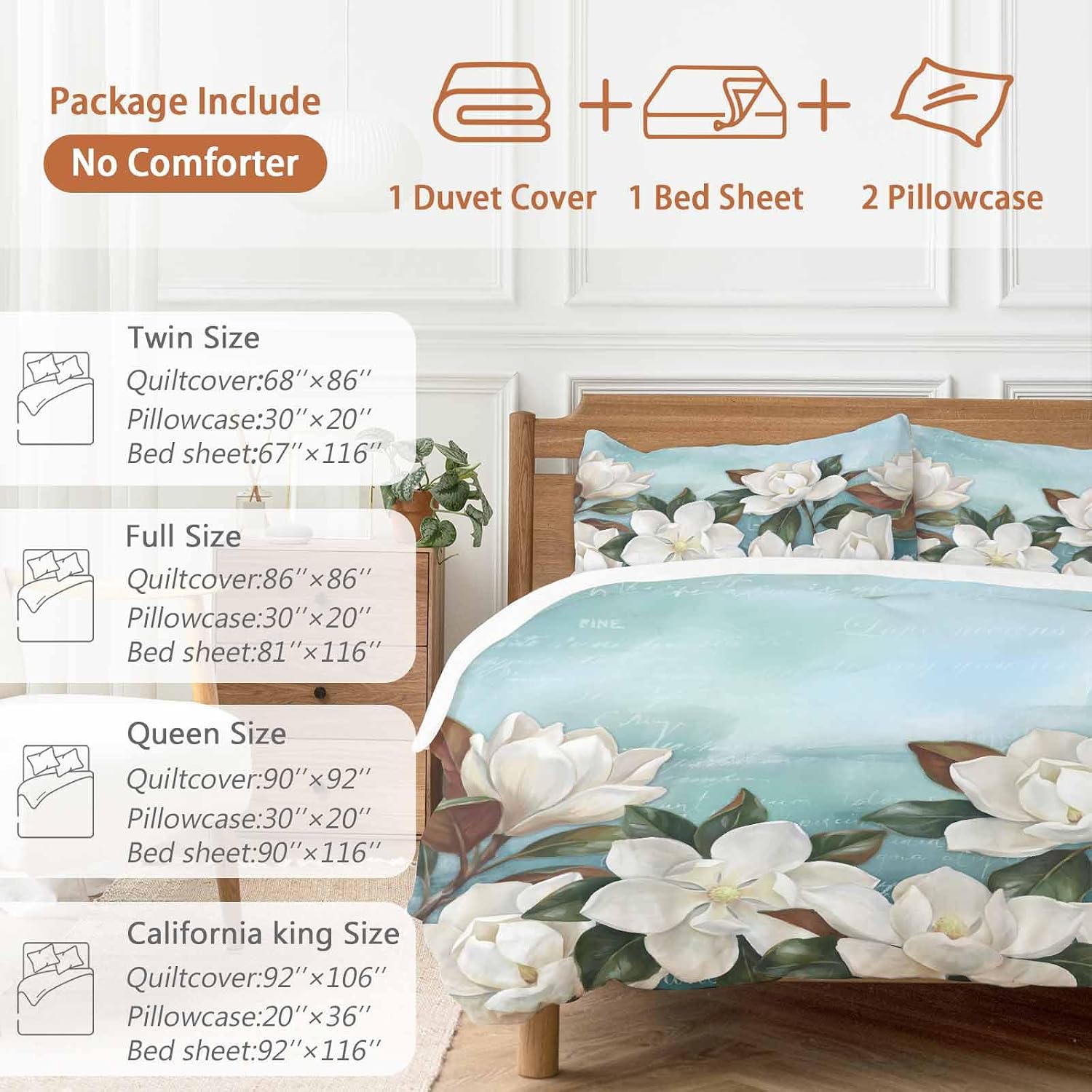 White Floral Duvet Cover Set Queen Size 4 Pieces Spring White Magnolia Vintage Plants Farmhouse Farm Blue Bedding Set with Zipper Closure, 1 Comforter Cover 86x86 Inches 1 Flat Sheet & 2 Pillow Cases