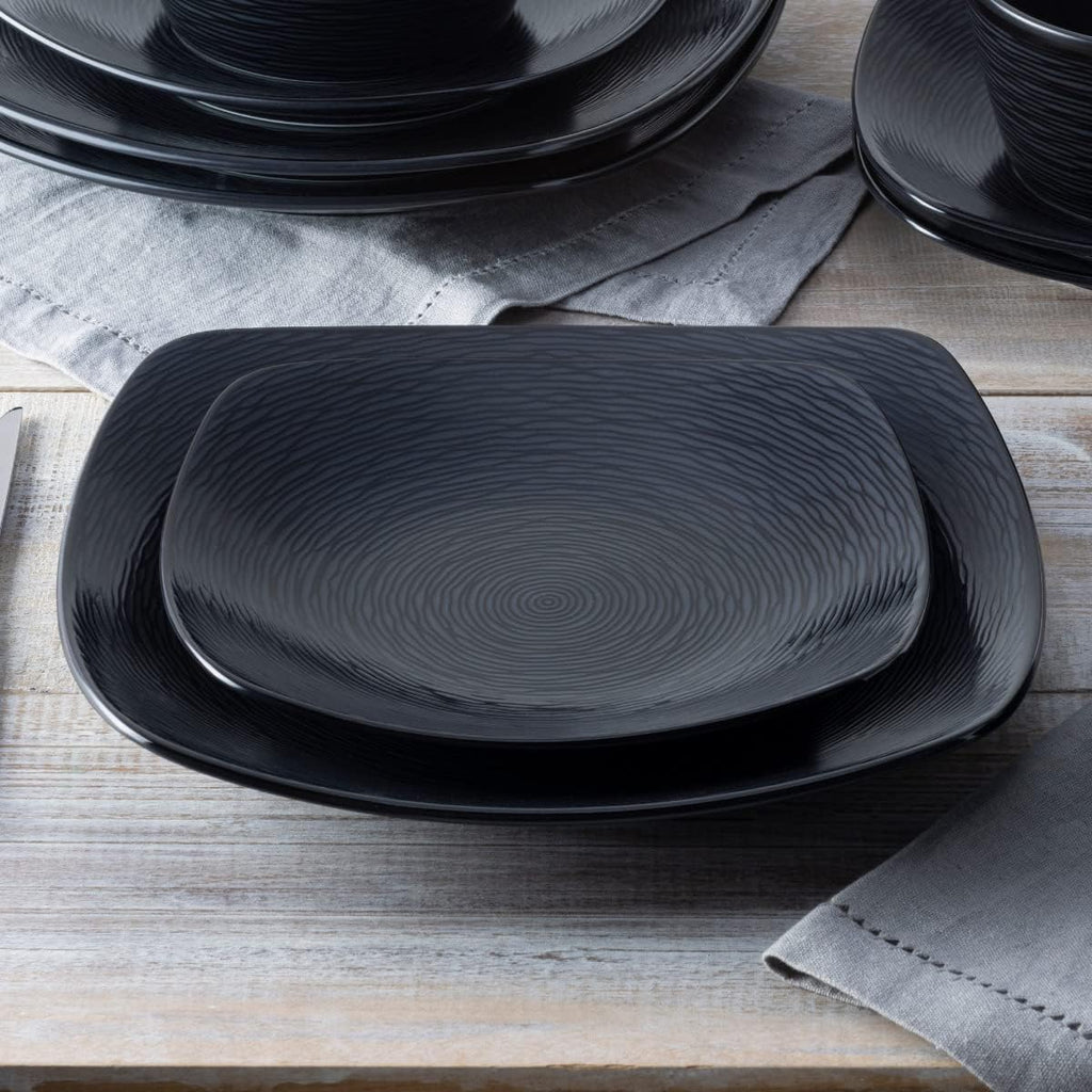Noritake Colorscapes Black-on-Black Swirl 12-Piece Square Dinnerware Set, Service for 4