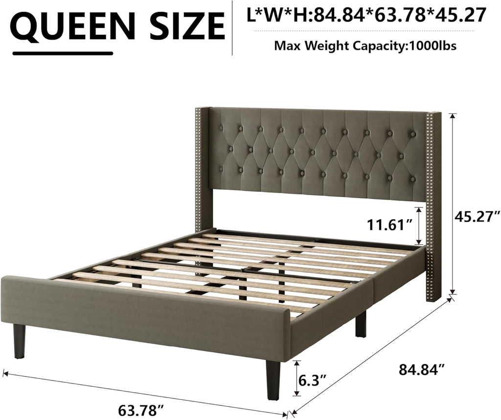 HAOARA Queen Size Bed Frame, Upholstered Platform Bed with Wingback Headboard, Velvet Button Tufted, Easy Assembly, No Box Spring Needed, Green