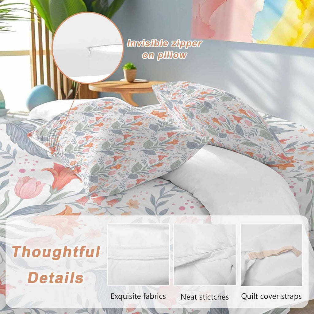 Pink Orange Flower Duvet Cover Set Queen Size 4 Pieces Watercolor Floral Green Leaf Rustic Country Bedding Set with Zipper Closure, 1 Comforter Cover 90x92 Inches 1 Flat Sheet & 2 Pillow Cases