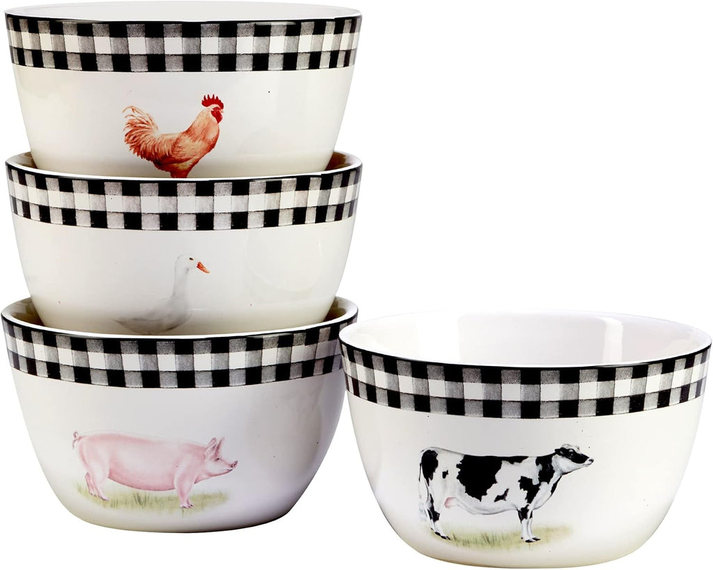 On the Farm 16-Piece Dinnerware Set – Country Farmhouse Plates, Bowls & Mugs for 4 – Ceramic Dinnerware Featuring Cow, Pig, Rooster, Duck & Gingham Design – Rustic Kitchen Tableware