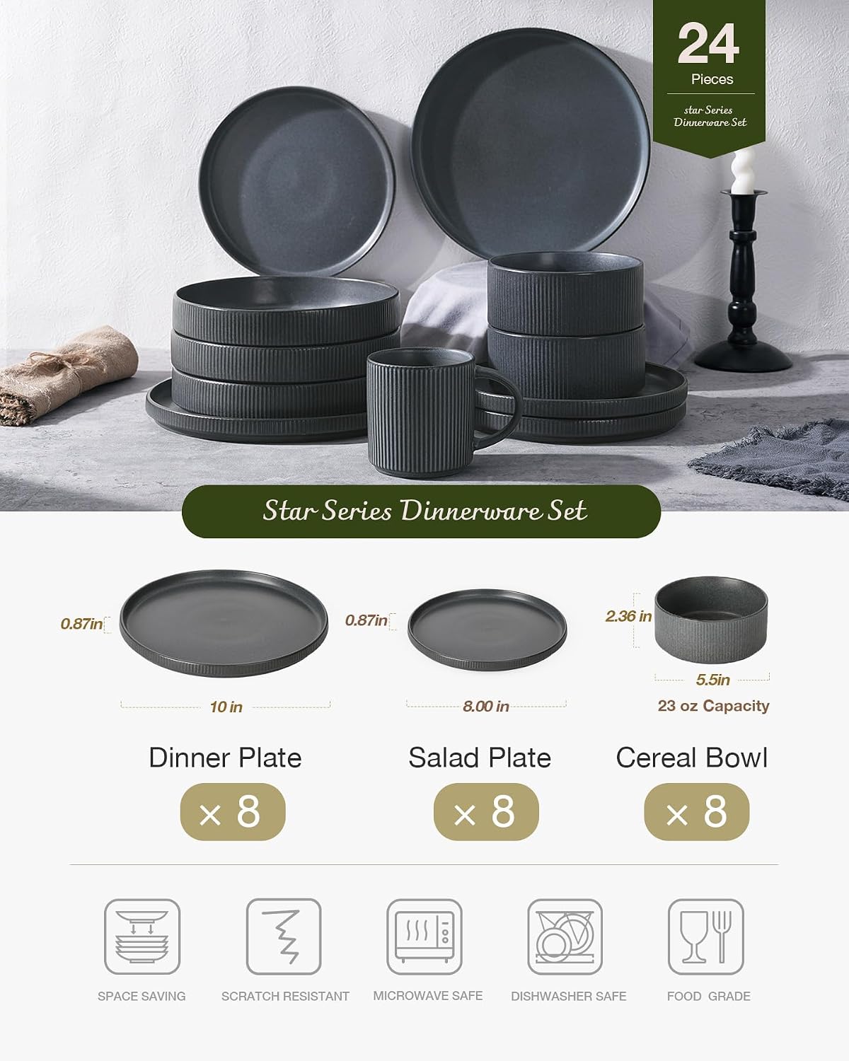 Famiware Star Plates and Bowls Sets, Modern Stoneware Dinnerware Sets for 8, 24-Piece Kitchen Dish Set - Microwave and Dishwasher Safe, Chip and Scratch Resistant, Matte Dark Charcoal