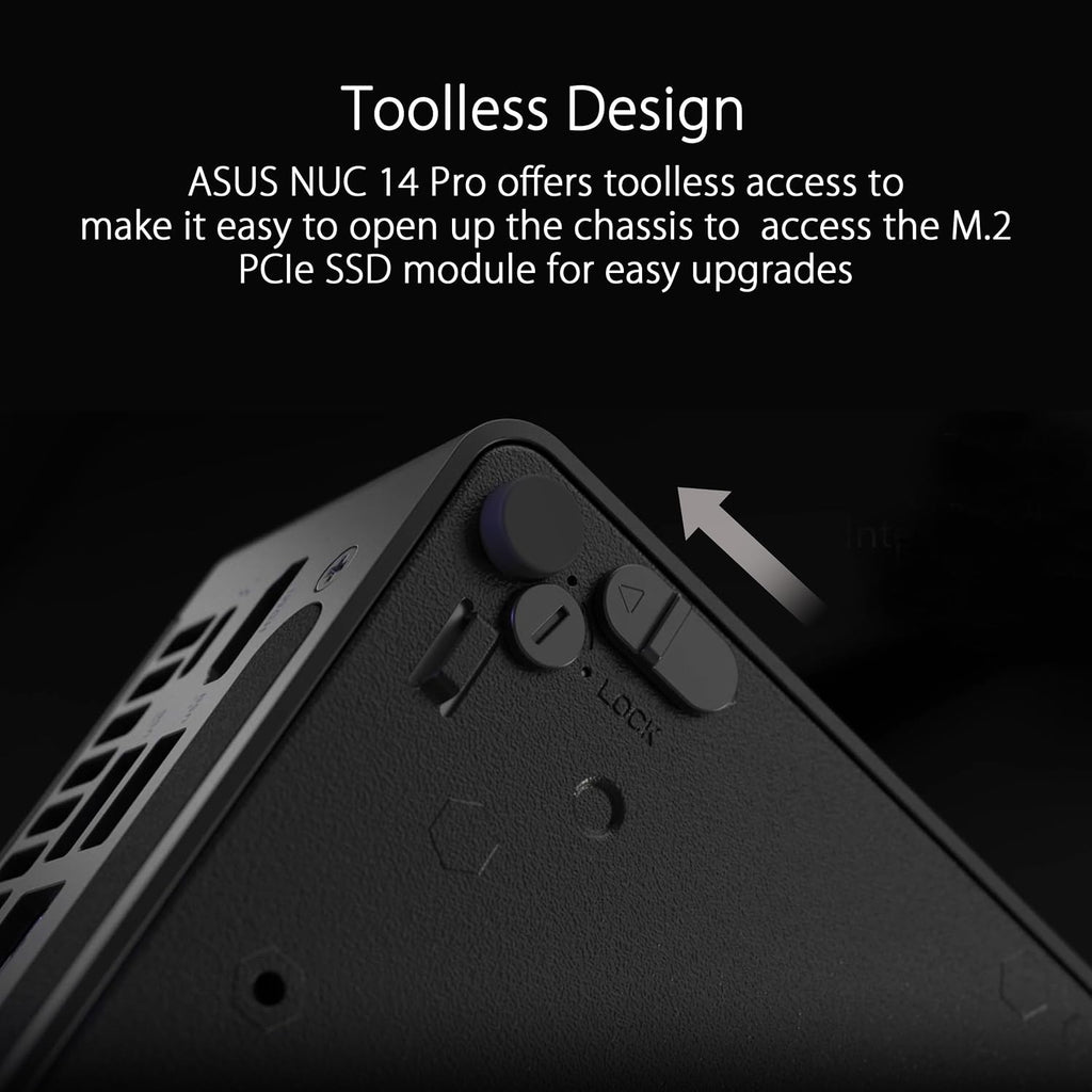 ASUS NUC 14 Pro Slim Barebone with Intel 14th Gen Core 3 100U, Up to 96GB DDR5 RAM, Triple Storage Design, Thunderbolt™ 4, Wi-Fi 6E & Bluetooth 5.3, Toolless Chassis Access, with VESA Mount Included