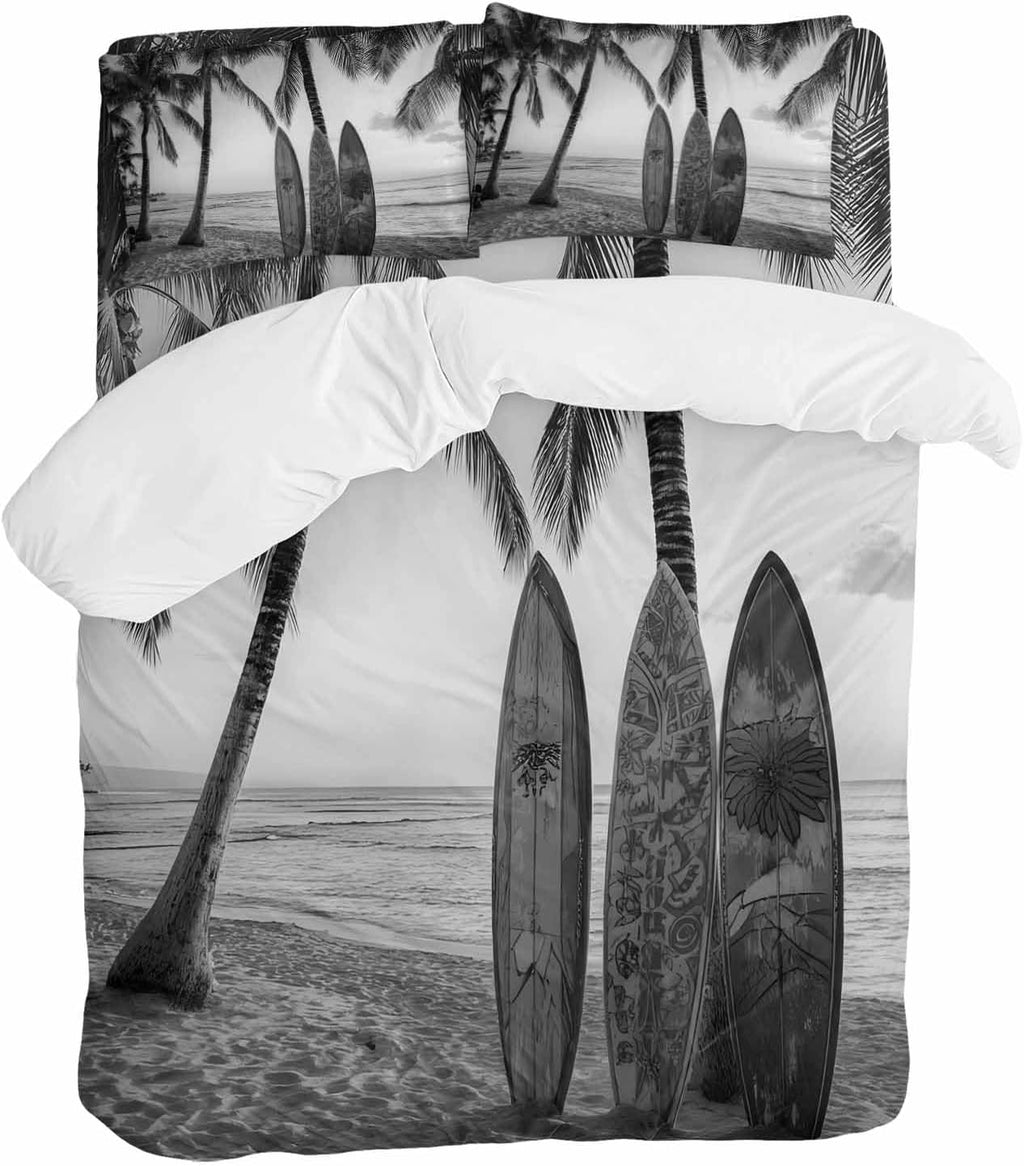 Summer Beach Surf Duvet Cover Set Queen Size 4 Pieces Palm Trees Black And White Surfboard Seaside Bedding Set with Zipper Closure, 1 Comforter Cover 90x92 Inches 1 Flat Sheet & 2 Pillow Cases