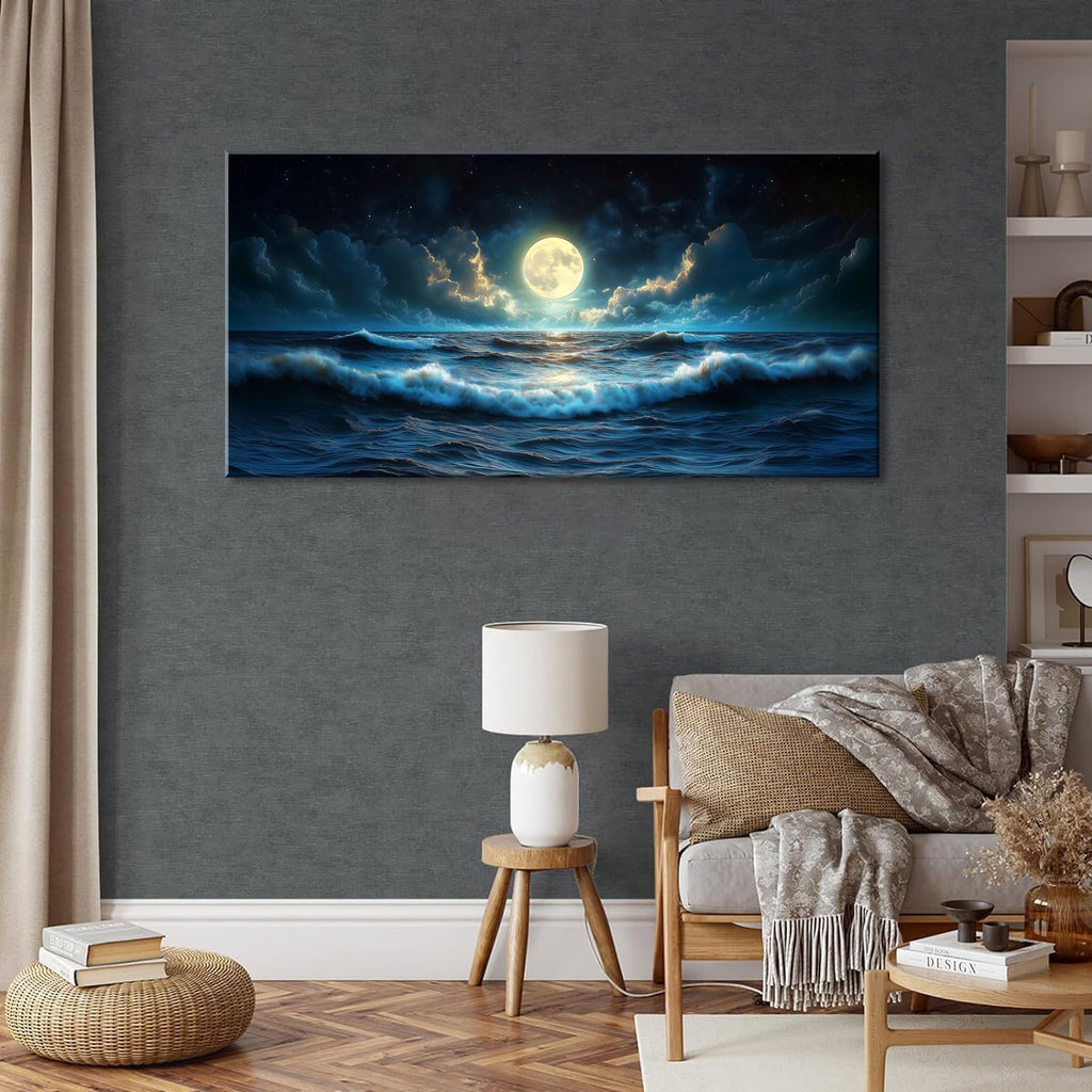 LAVIKARS Wall Art Moon Sea Ocean Vast Paintings Waterproof Canvas Prints Canvas Artwork Picture Modern Wall Art for Living Room Bedroom Home Office Kitchen Decor (28x58inch)