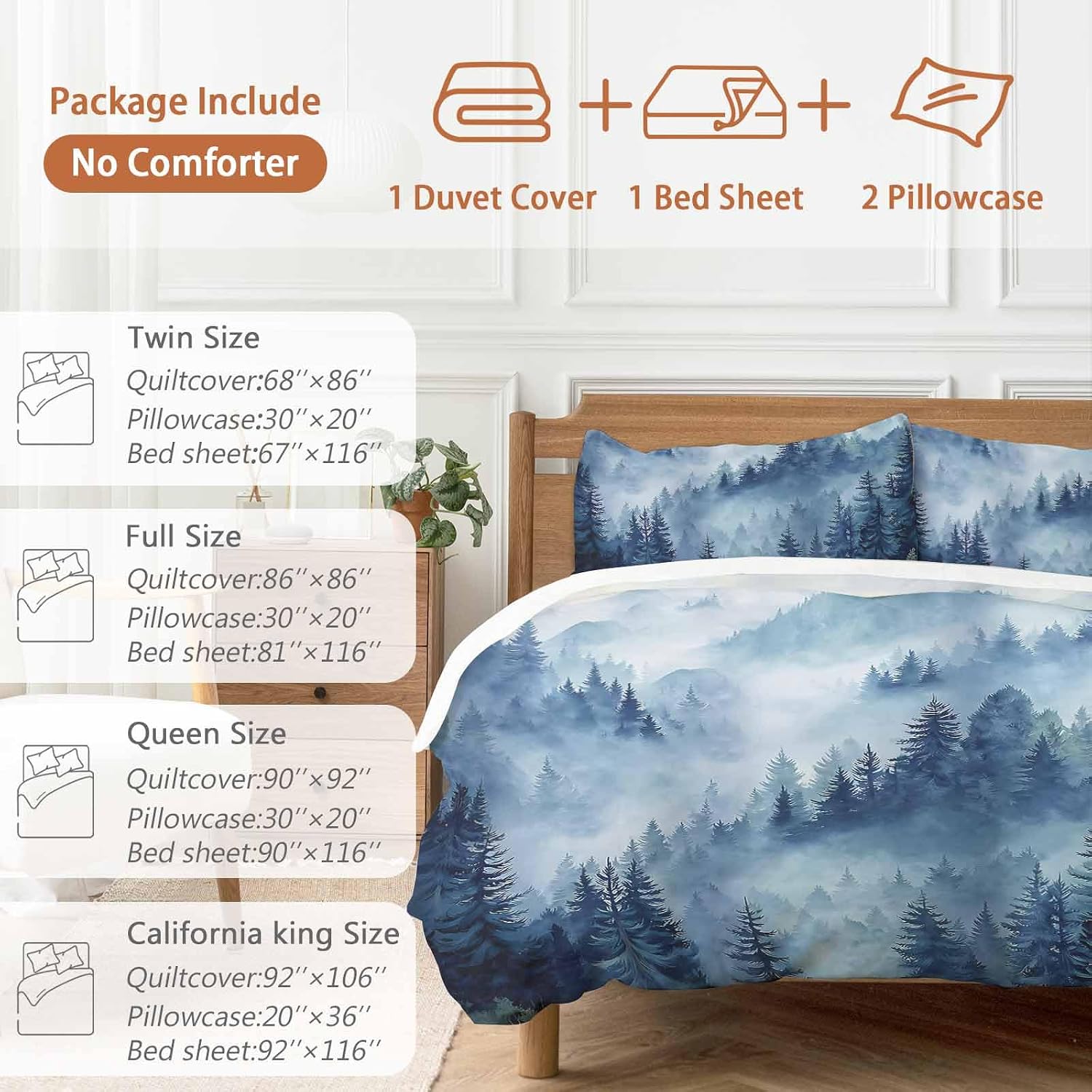 Blue Forest Mountain Duvet Cover Set Queen Size 4 Pieces Retro Watercolor Gradual Foggy Pine Tree Bedding Set with Zipper Closure, 1 Comforter Cover 90x92 Inches 1 Flat Sheet & 2 Pillow Cases