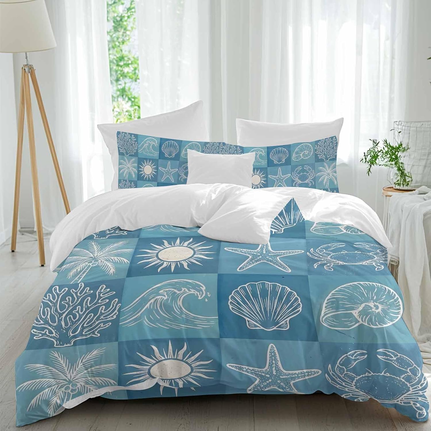 Prime Leader Blue Coastal Duvet Cover Set Queen Size 4 Pieces Summer Ocean Waves Shell Crab Coconut Tree Bedding Set with Zipper Closure, 1 Comforter Cover 86x86 Inches 1 Flat Sheet & 2 Pillow Cases