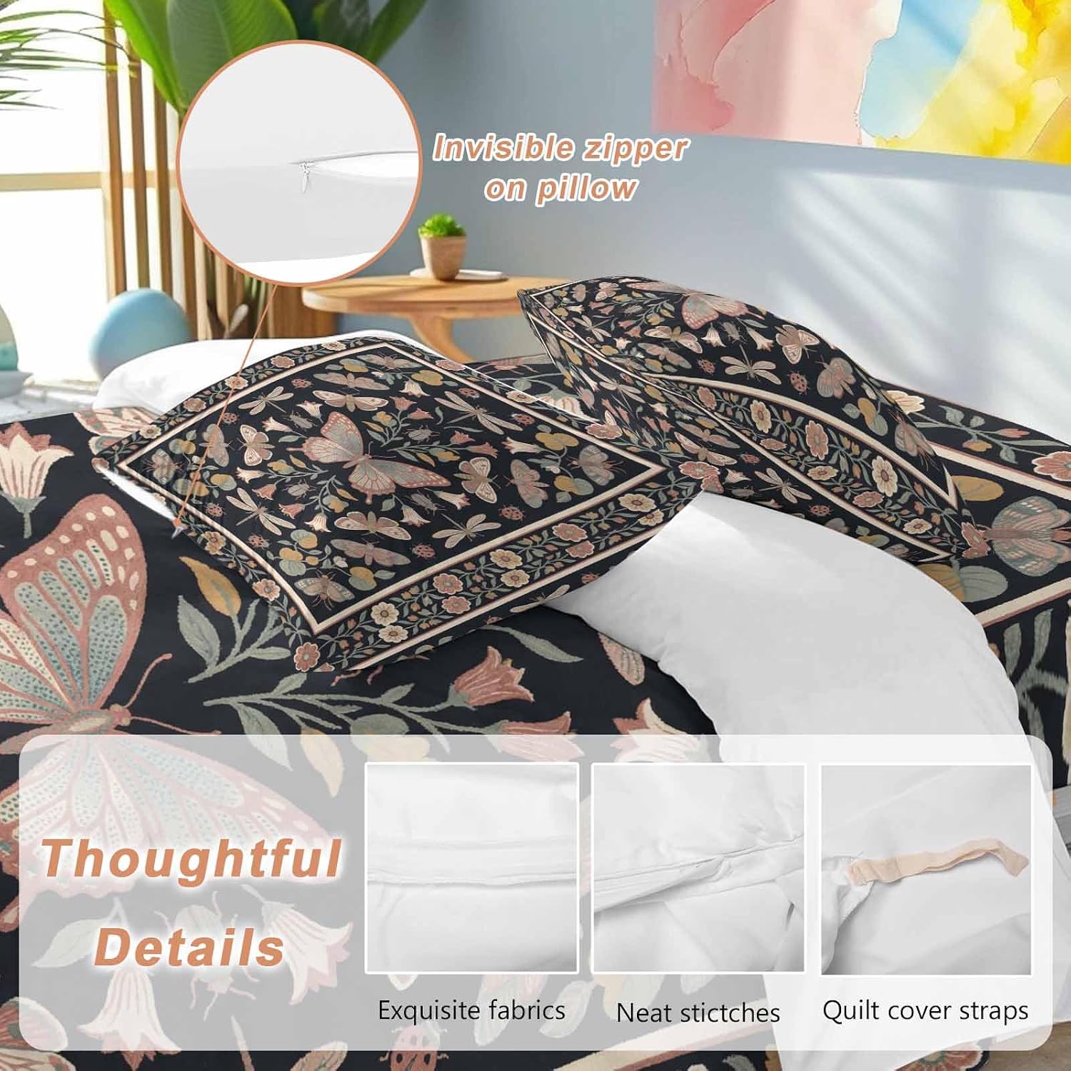 Retro Theme Duvet Cover Set Queen Size 4 Pieces Butterfly Dragonfly Plants Flowers Leaves Black Bedding Set with Zipper Closure, 1 Comforter Cover 90x92 Inches 1 Flat Sheet & 2 Pillow Cases