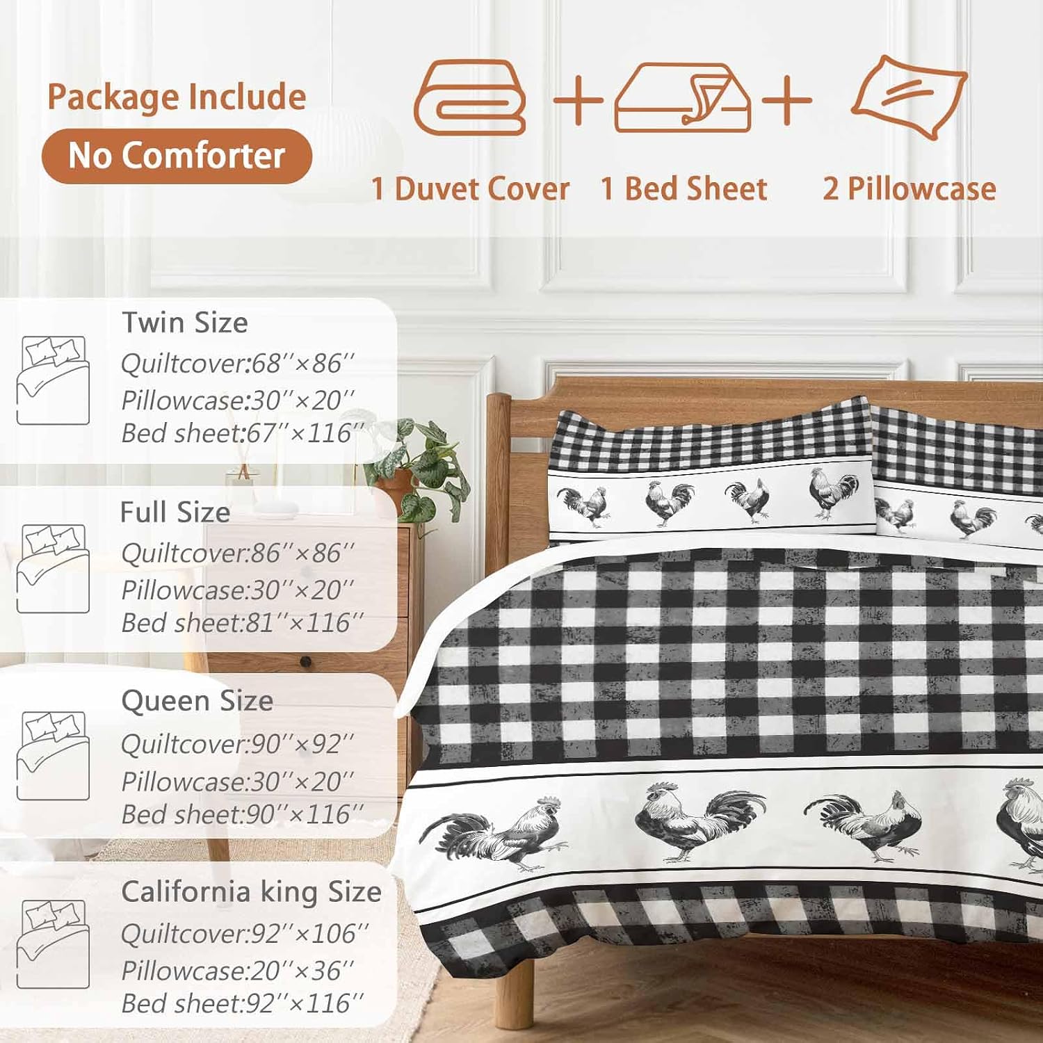 Prime Leader Vintage Black Plaid Duvet Cover Set Queen Size 4 Pieces Farm Cock Chicken Animal Watercolor Bedding Set with Zipper Closure, 1 Comforter Cover 90x92 Inches 1 Flat Sheet & 2 Pillow Cases
