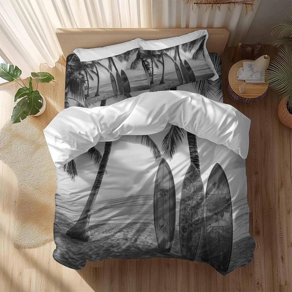 Summer Beach Surf Duvet Cover Set Queen Size 4 Pieces Palm Trees Black And White Surfboard Seaside Bedding Set with Zipper Closure, 1 Comforter Cover 90x92 Inches 1 Flat Sheet & 2 Pillow Cases