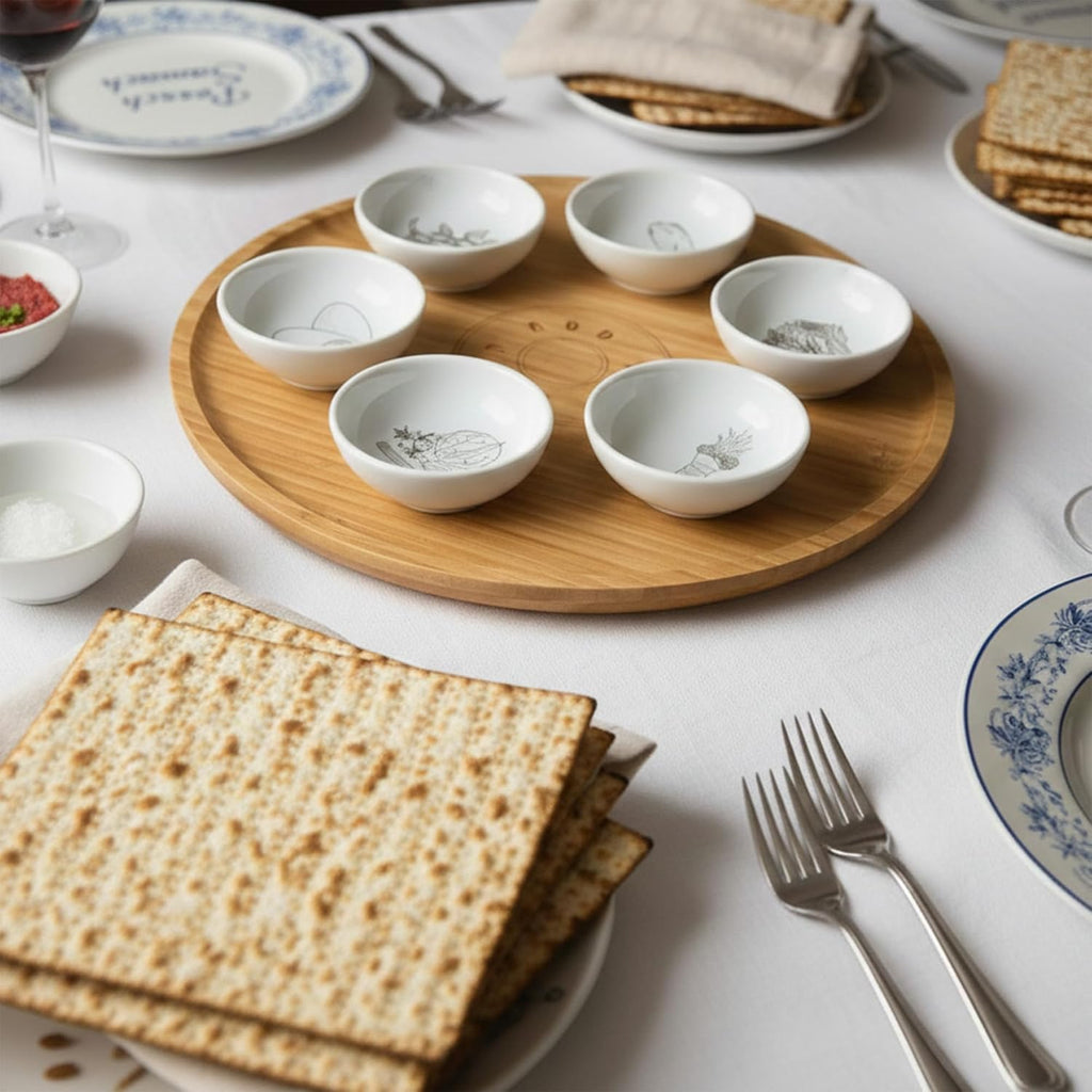 13' Large Size Handmade Passover Seder Plate with Six Black and White Ceramic Bowls, Passover Seder Plate Set, Hand Painted Illustrations, Decor Jewish Gift, Made in Israel by Mickala Design