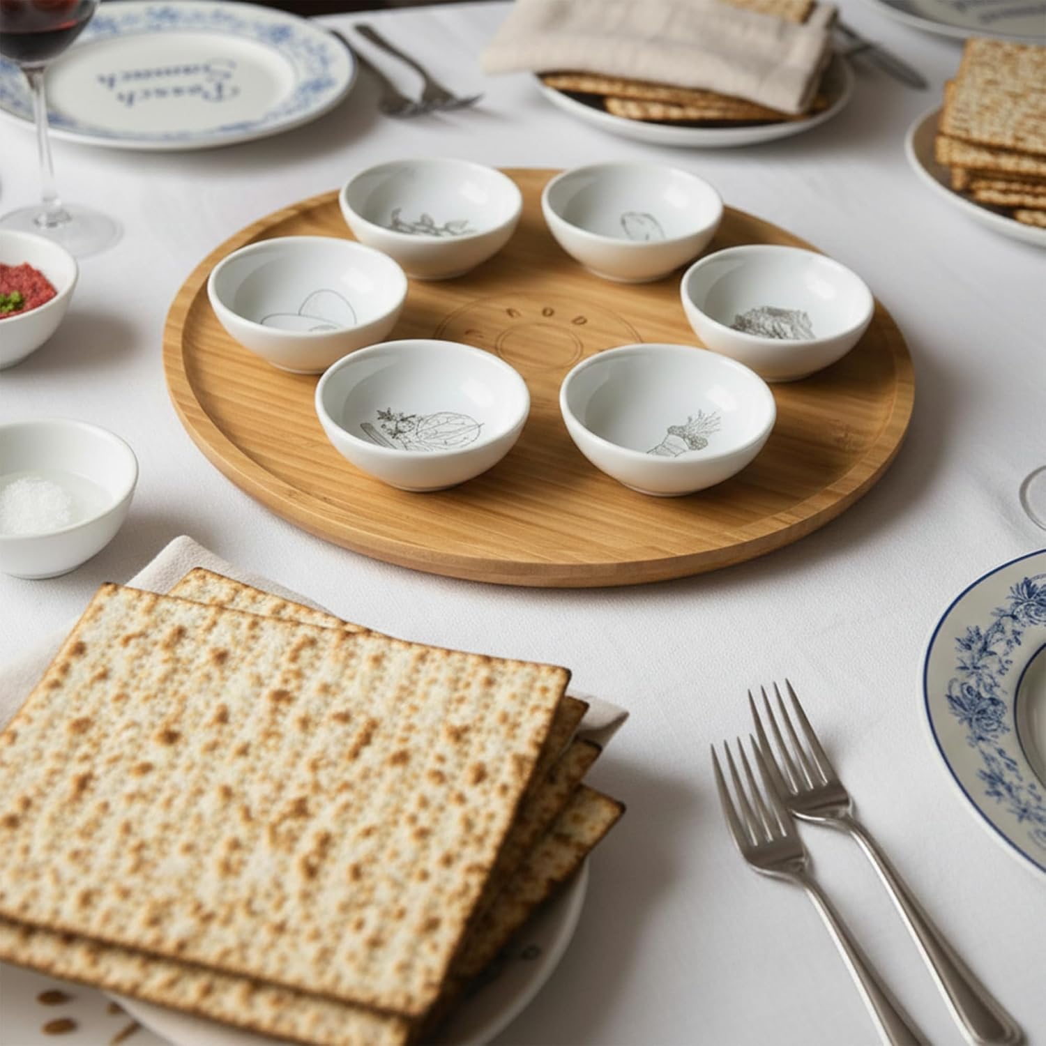 13' Large Size Handmade Passover Seder Plate with Six Black and White Ceramic Bowls, Passover Seder Plate Set, Hand Painted Illustrations, Decor Jewish Gift, Made in Israel by Mickala Design