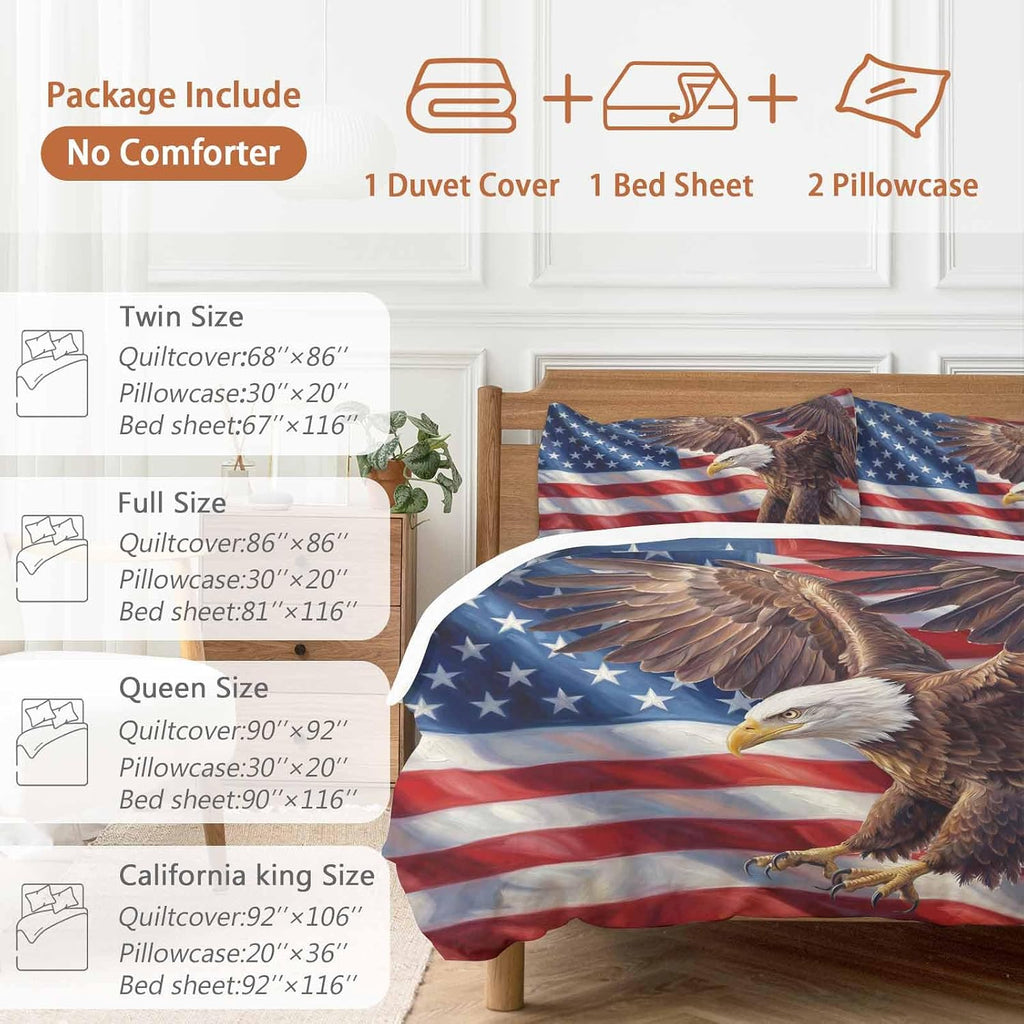 Independence Day Duvet Cover Set Queen Size 4 Pieces Watercolor U. S. Flag Soaring Bald Eagle Bedding Set with Zipper Closure, 1 Comforter Cover 90x92 Inches 1 Flat Sheet & 2 Pillow Cases