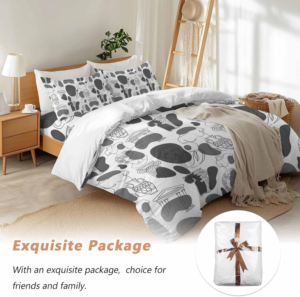 Modern Abstract Duvet Cover Set Queen Size 4 Pieces Grey Classical Ancient Greek Sculptural Heads Bedding Set with Zipper Closure, 1 Comforter Cover 90x92 Inches 1 Flat Sheet & 2 Pillow Cases
