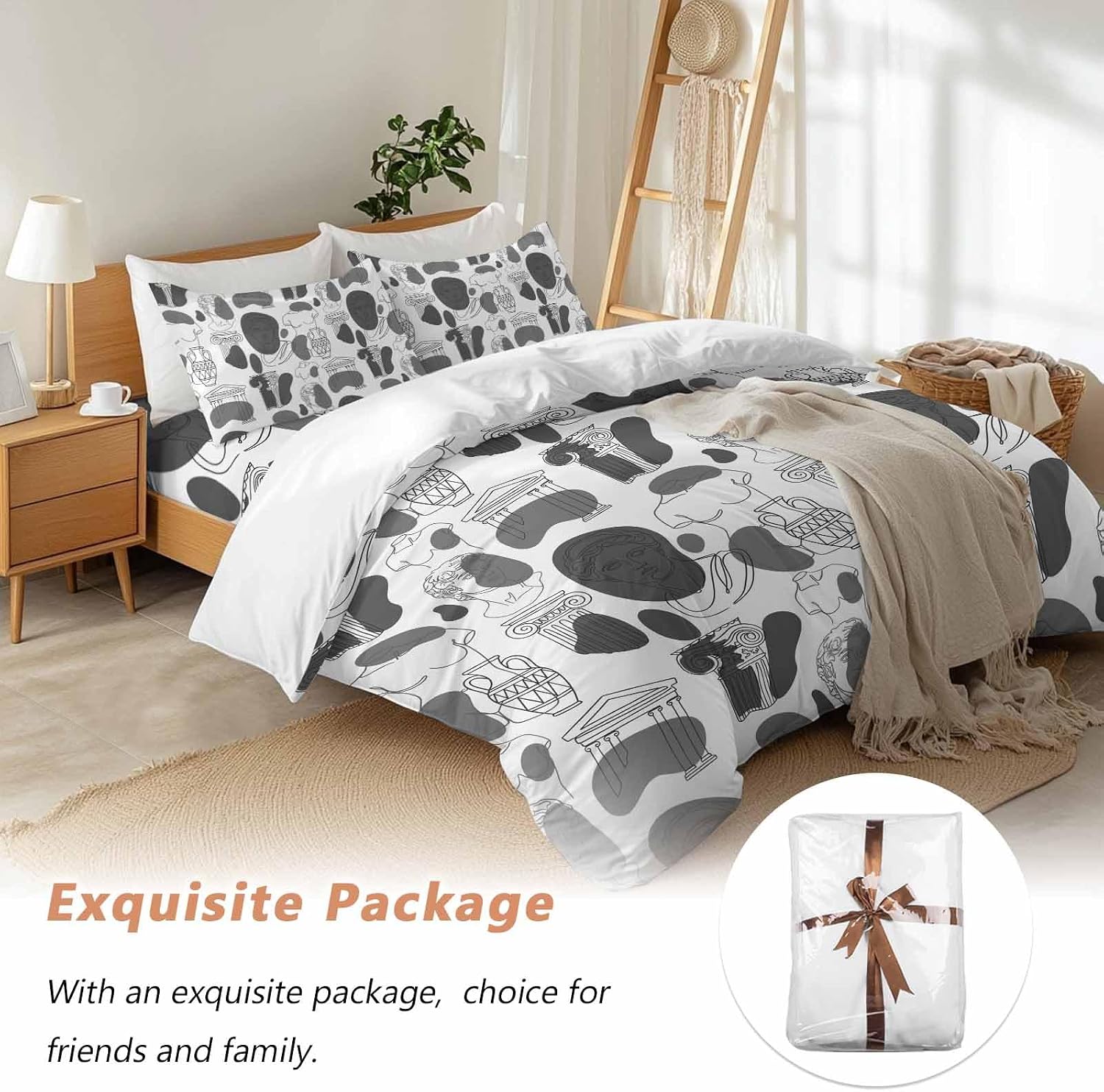 Modern Abstract Duvet Cover Set Queen Size 4 Pieces Grey Classical Ancient Greek Sculptural Heads Bedding Set with Zipper Closure, 1 Comforter Cover 90x92 Inches 1 Flat Sheet & 2 Pillow Cases
