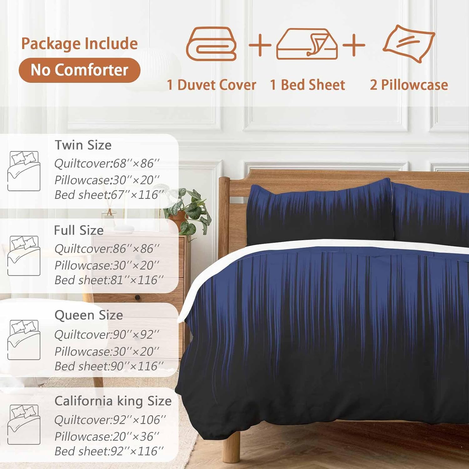 Prime Leader Navy Blue Black Ombre Duvet Cover Set Queen Size 4 Pieces Abstract Modern Lines Gradient Bedding Set with Zipper Closure, 1 Comforter Cover 90x92 Inches 1 Flat Sheet & 2 Pillow Cases