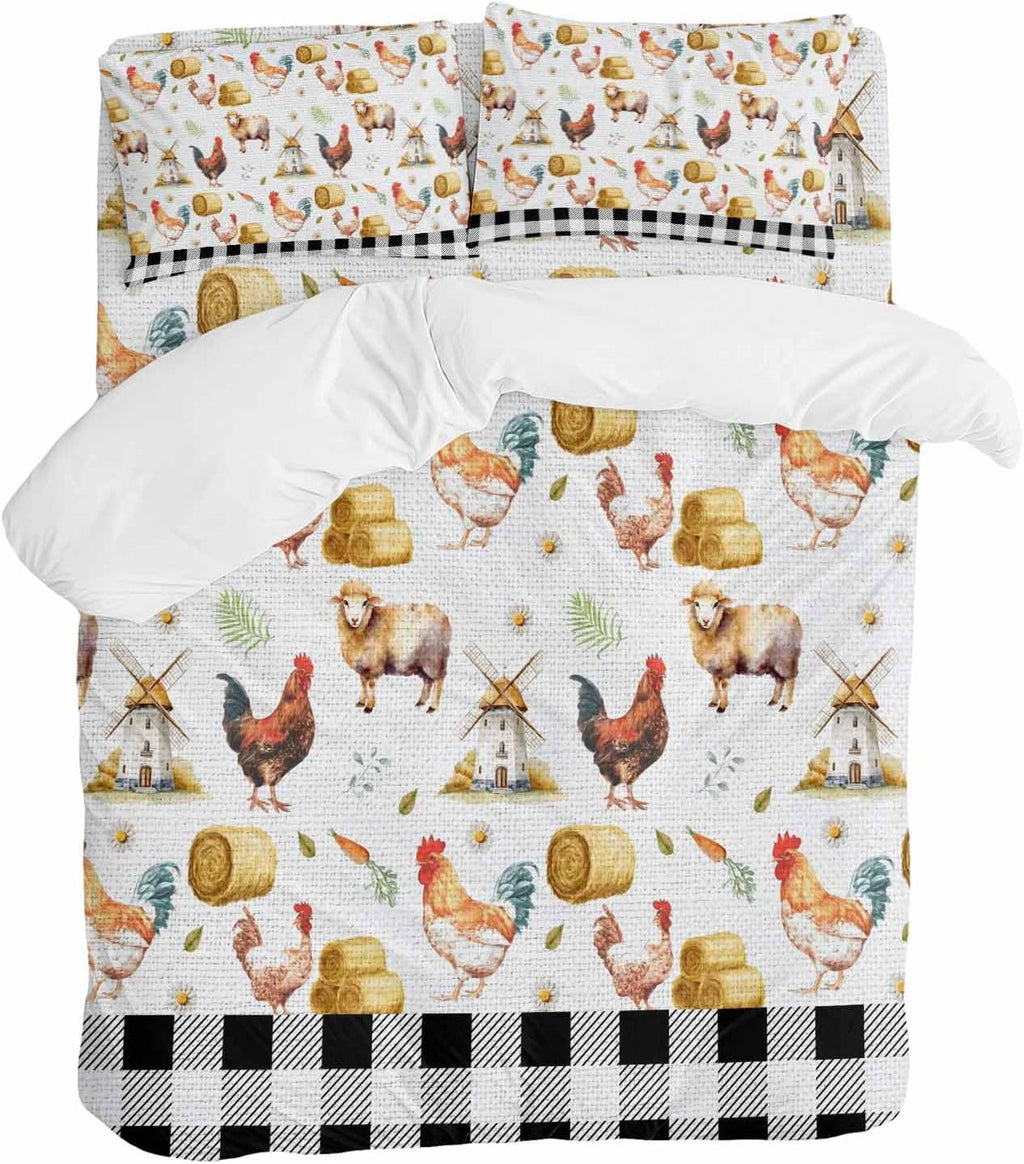 Farm Animal Duvet Cover Set Queen Size 4 Pieces Farmhouse Red Barn Sheep Pigs Rooster Country Black Plaid Bedding Set with Zipper Closure, 1 Comforter Cover 86x86 Inches 1 Flat Sheet & 2 Pillow Cases