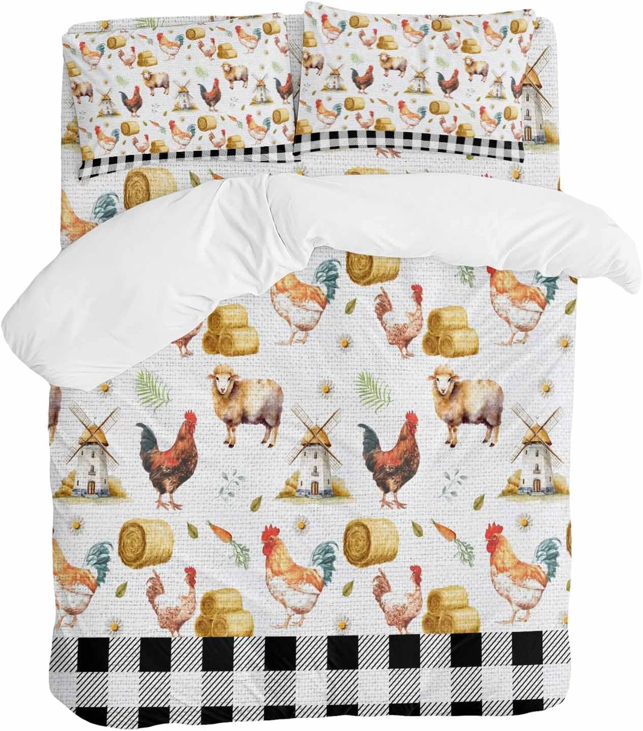 Farm Animal Duvet Cover Set Queen Size 4 Pieces Farmhouse Red Barn Sheep Pigs Rooster Country Black Plaid Bedding Set with Zipper Closure, 1 Comforter Cover 86x86 Inches 1 Flat Sheet & 2 Pillow Cases