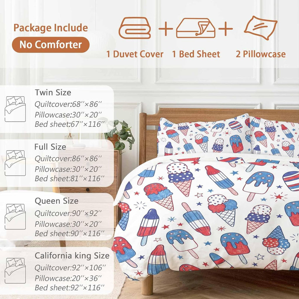 Prime Leader Red Blue Ice Cream Duvet Cover Set Queen Size 4 Pieces Independence Day Retro Ice Cream Bedding Set with Zipper Closure, 1 Comforter Cover 86x86 Inches 1 Flat Sheet & 2 Pillow Cases