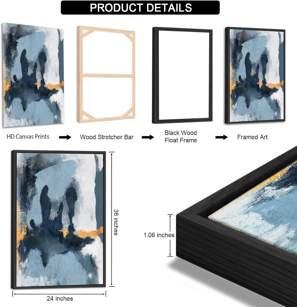 Large Framed Abstract Wall Art - Natural Framed Canvas Pictures for Living Room Modern Canvas Prints Grey Blue for Bedroom, Black Float Frame Art for Home Office Kitchen Decor 24' X 36' X 3pcs