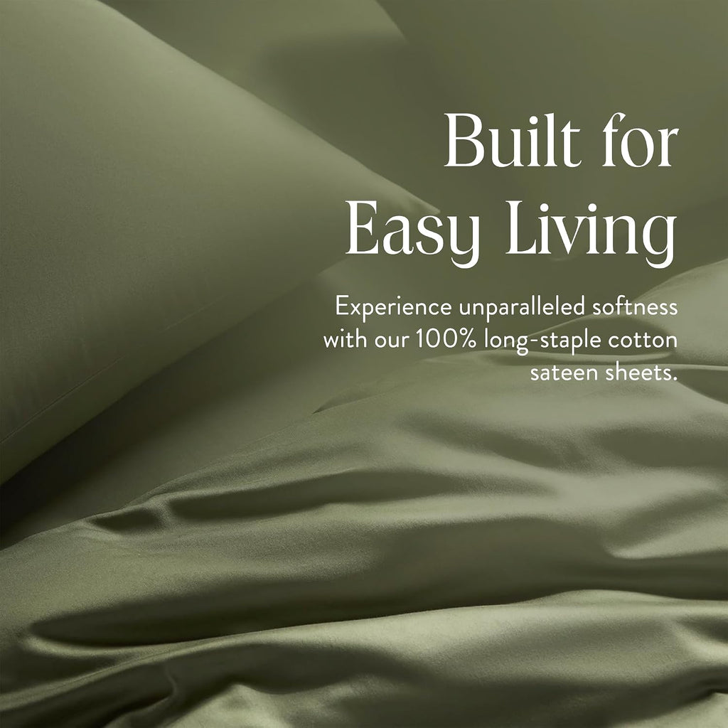 Brooklinen Luxury Sateen 4 Piece Sheet Set - 100% Cotton Bed Sheets, Soft & Durable King Size Sheet Set in Fresh Moss, Oeko-TEX Certified Bedding Set, 1 Fitted Sheet, 1 Flat Sheet, 2 Pillowcases