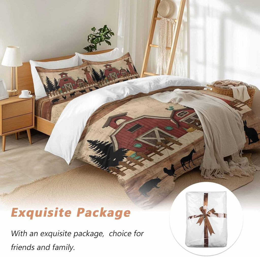 Red Farmhouse Duvet Cover Set Queen Size 4 Pieces Country Farm Barn Cow Pig Chicken Fence Tree Wood Grain Bedding Set with Zipper Closure, 1 Comforter Cover 92x106 Inches 1 Flat Sheet & 2 Pillow Cases