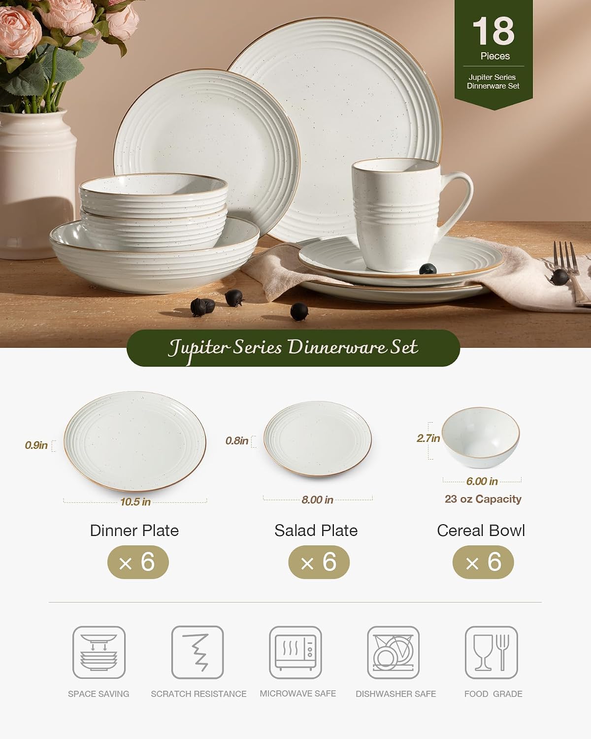 Famiware Jupiter 18-Piece Stoneware Dinnerware Sets for 6 – Handcrafted Plates and Bowls with Speckles & Embossed Swirls, Chip & Scratch Resistant, Modern Rustic Dishes for Daily & Formal Use, White