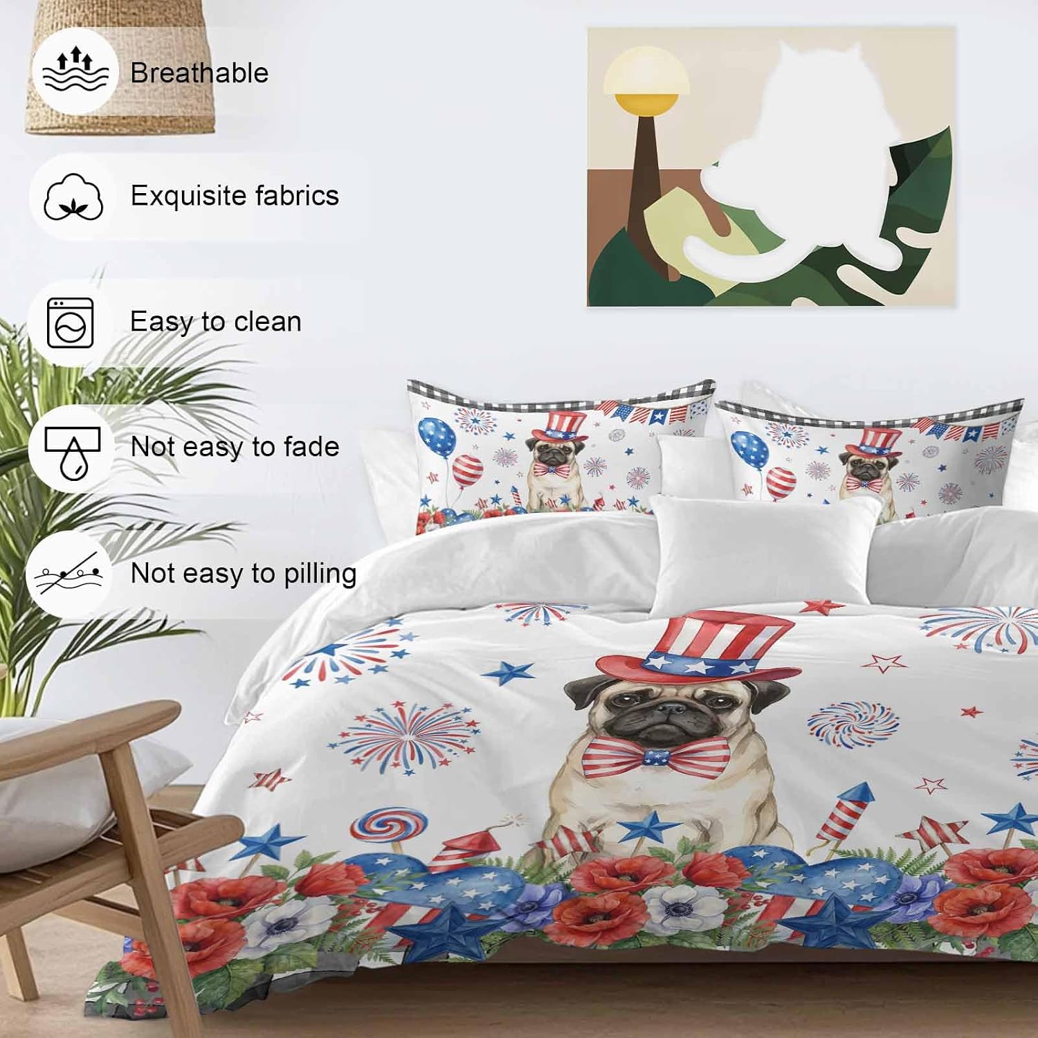 Independence Day Duvet Cover Set Queen Size 4 Pieces Cartoon Pug Dog Cute Puppy Red Blue Flower Bedding Set with Zipper Closure, 1 Comforter Cover 86x86 Inches 1 Flat Sheet & 2 Pillow Cases