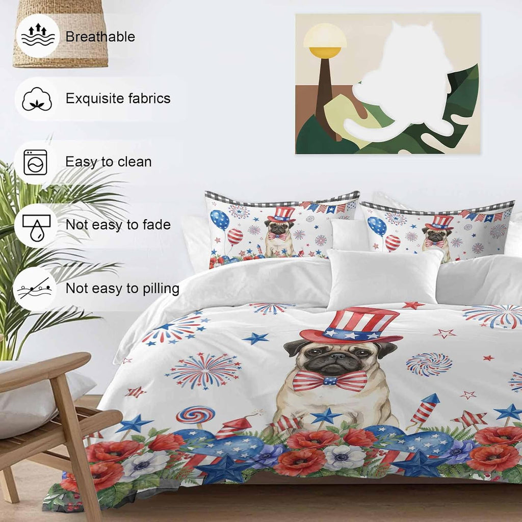 Independence Day Duvet Cover Set Queen Size 4 Pieces Cartoon Pug Dog Cute Puppy Red Blue Flower Bedding Set with Zipper Closure, 1 Comforter Cover 92x106 Inches 1 Flat Sheet & 2 Pillow Cases