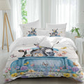 Farm Truck Animal Duvet Cover Set Queen Size 4 Pieces Donkeys Cows Pigs Wildflowers Wood Pattern Bedding Set with Zipper Closure, 1 Comforter Cover 92x106 Inches 1 Flat Sheet & 2 Pillow Cases