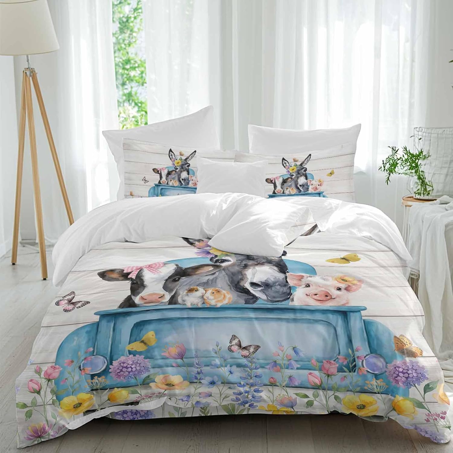 Farm Truck Animal Duvet Cover Set Queen Size 4 Pieces Donkeys Cows Pigs Wildflowers Wood Pattern Bedding Set with Zipper Closure, 1 Comforter Cover 92x106 Inches 1 Flat Sheet & 2 Pillow Cases